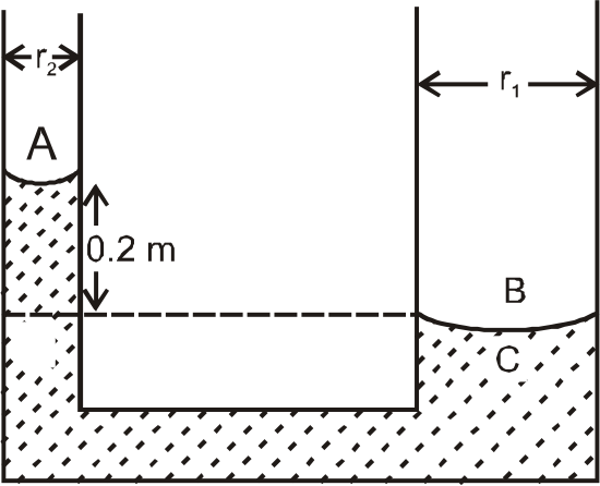 The limbs of a manometer consists of uniform capillary tubes of radii 1.44 xx 10^(-3)m and 7.2 xx 10^(4 )m. If the level of the liquid  in the narrower tube stands 0.2 m above that in the broader tube, pressure difference between A and B is found to be 310lambda N//m^(2). Here lambda is an integer. Find lambda (density  = 10^3 kg//m^3, surface tension = 72 xx 10^(-3) N//m). (take g = 9.8 m//s^2)
