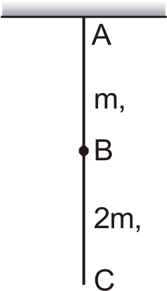 In the figure shown strings AB and BC have masses m and 2m respectively. Both are of same length l.Mass of each string is uniformly distributed on its length. The string is suspended vertically from the ceiling of a room.A small jerk wave pulse is given at the end 'C'.It goes up to upper end 'A' in time 't' .If the value of t is given by a sqrt(l/g)+b sqrt(l/g)(sqrtc-sqrtd) then a+b+c+d is
