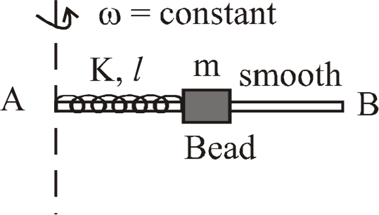 AB is a light rigid rod. Which is rotating about a vertical axis passing through A,A spring of force constant K and natural length l is attached at A and its other end is attached to a small bead of mass m. The bead can slide without friction on the rod. At the initial moment the bead is at rest (w.rt. the rod) and the spring is unstreached Select correct option