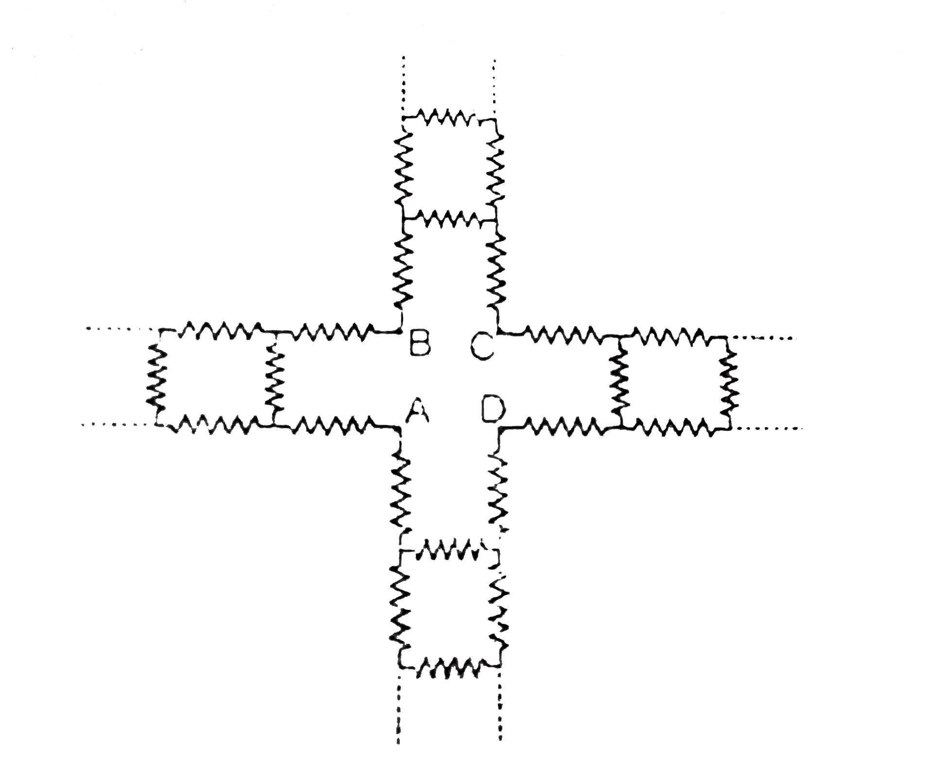 Four infinite ladder network containing identical resistances of R Omega each, are combined as shown in figure. The equivalent resistance between A and B is R(AB) and betweeen A and C is R(AB) and between A and C is R(AC). Then the value of (R(AB))/(R(AC)) is :