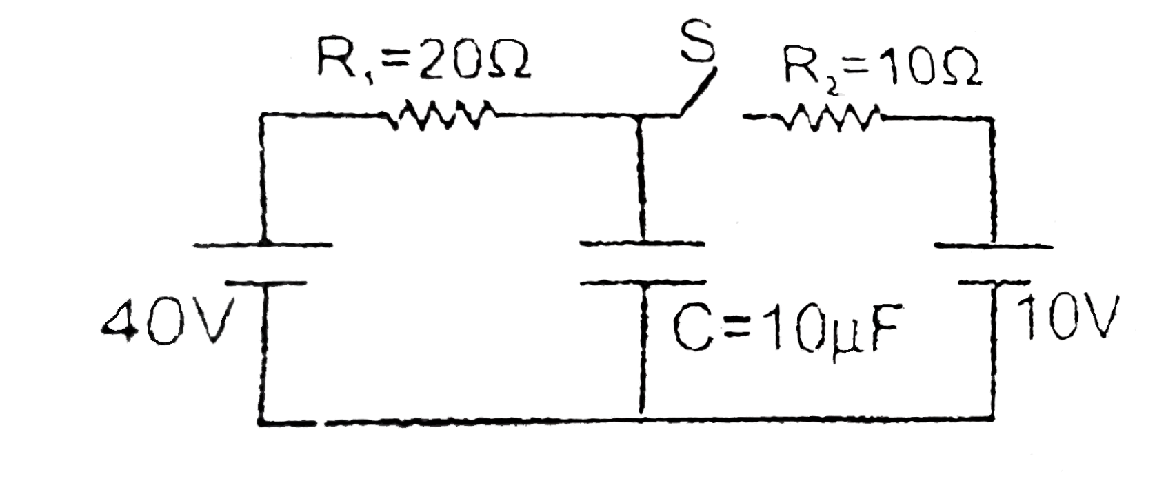 The circuit consists of two resistors (of resistance R(1) = 20 Omega and R(2) = 10 Omega), a capacitor (of capacitance C =10 muF) and two ideal cells. In the circuit shown the capacitor is in steady state and the switch S is open      The charge on capacitor in steady state with switch S closed.