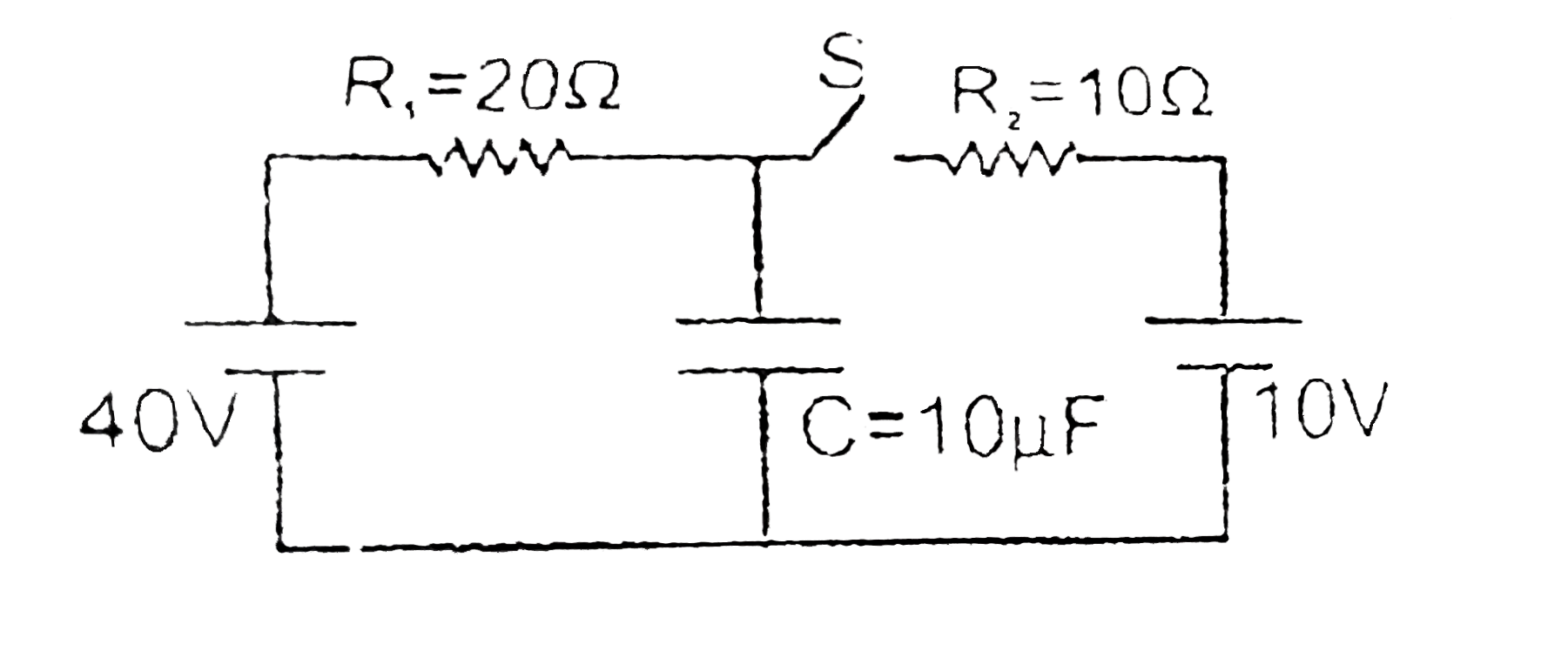 The circuit consists of two resistors (of resistance R(1) = 20 Omega and R(2) = 10 Omega), a capacitor (of capacitance C =10 muF) and two ideal cells. In the circuit shown the capacitor is in steady state and the switch S is open      the circuit is in steady state with switch S closed. Now the switch S is opened. Just after the switch S is opened. the current through resistance R(1) is