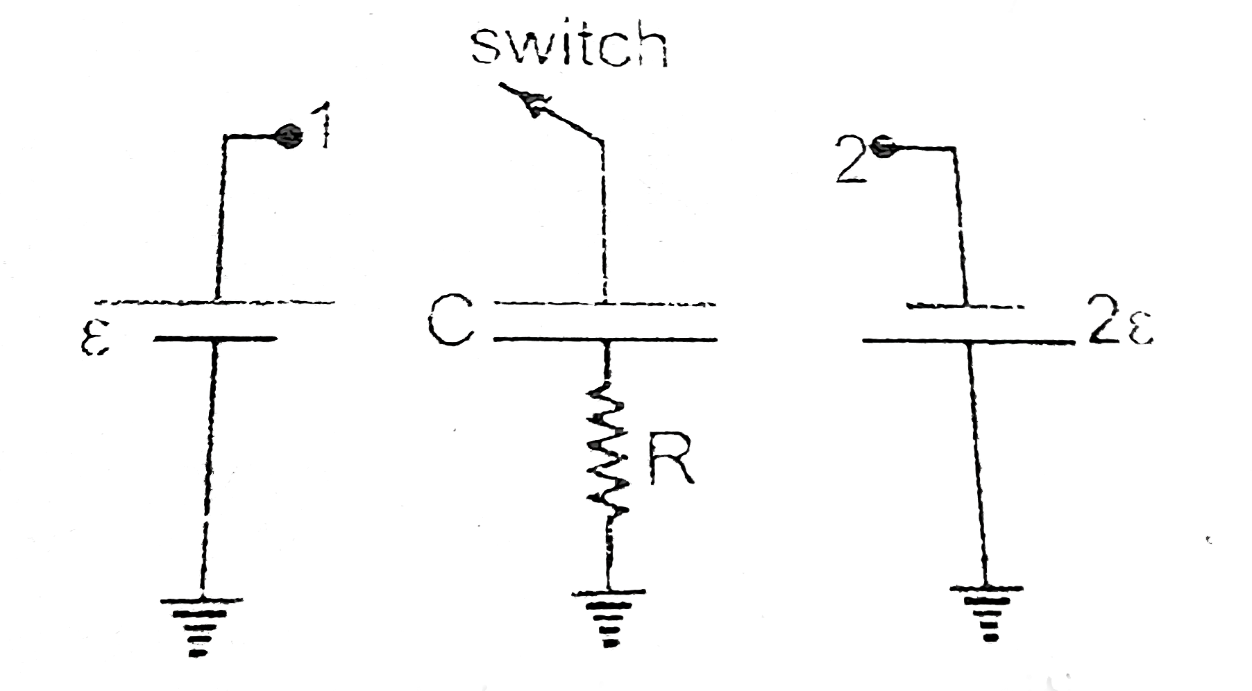In the circuit arrangement shown in figure capacitor is initially unchanged At t = 0 switch is thrown to position '1' it remains closed till the current in the circuit becomes 50 % of maximum current then. Suddenly switch is shifted to position '2' (Assume all batteries are ideal)      Current through the resistor just after switch is shifted to position '2' is :