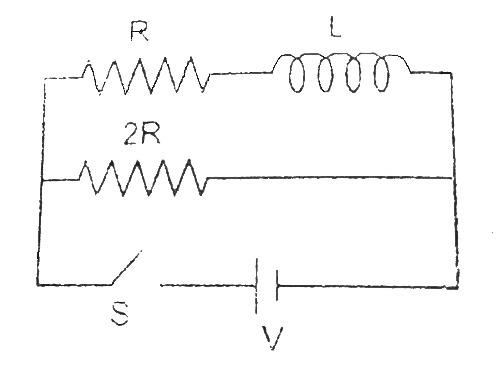 Consider a L-R circuit shown in figure. There is no current in circuit switch S is closed at t = 0, time instant when current in inductor is equal to current in resistor 2R will be :