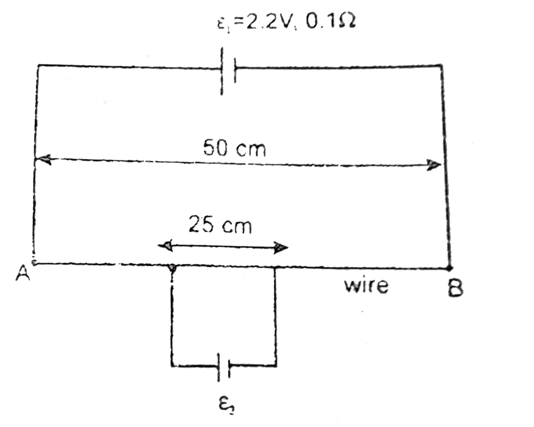 A thin uniform wire AB of length 50 cm and resistance 1 Omega is connected to be terminals of a battery of emf epsilon(1) = 2.2 V and internal resistance 0.1 Omega. If the terminals of another cell (assume ideal) are connected to two points 25 cm apart on the wire AB without altering the current in the wire AB, the emf epsilon(2) of cell in volts is :