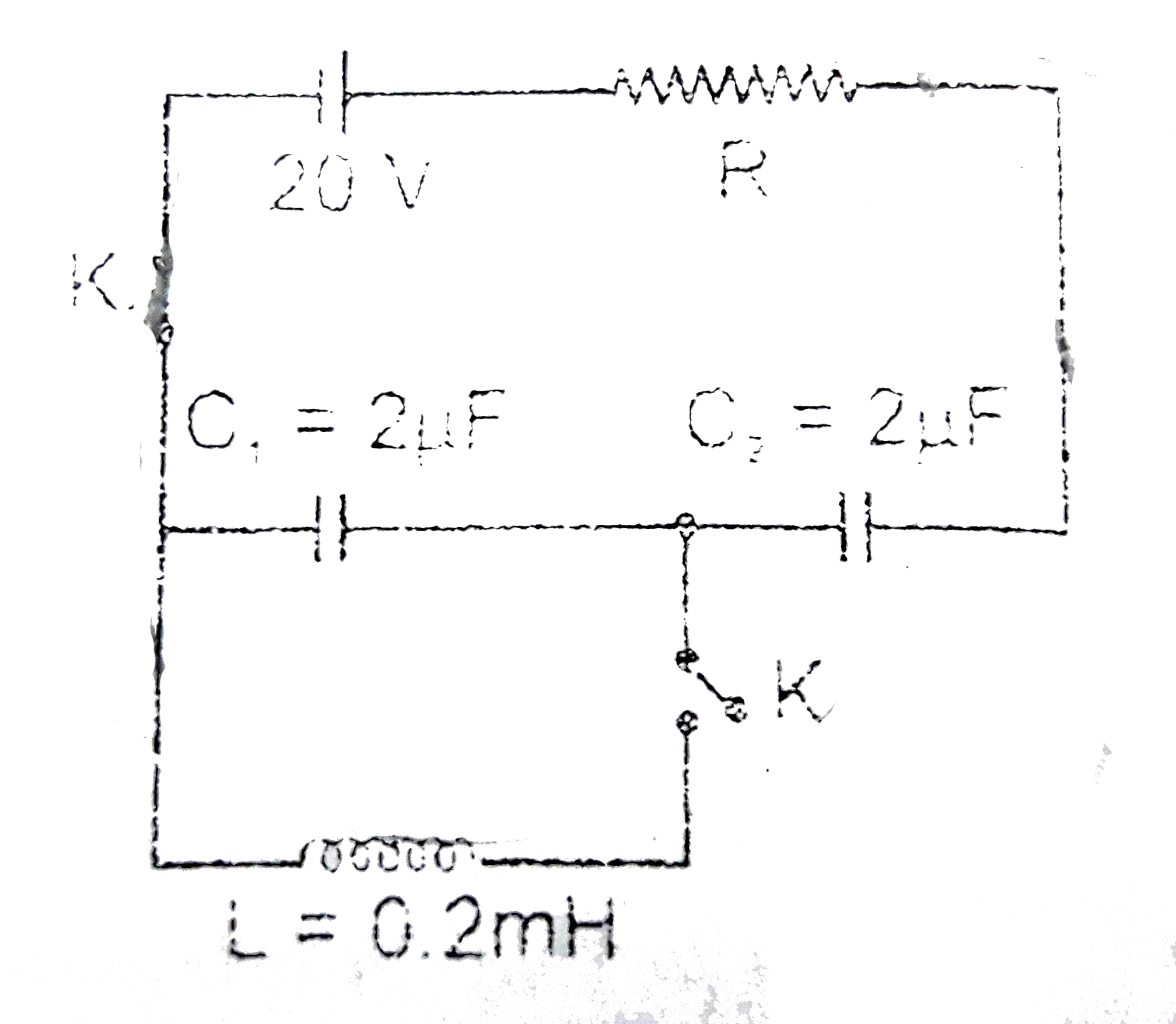 A circuit containing capacitors C(1) and C(2) as shown in the figure are in steady state with key K(1) closed.At the instant t=0, if K(1) is opened and K(2) is closed then the maximum current in the circuit will be: