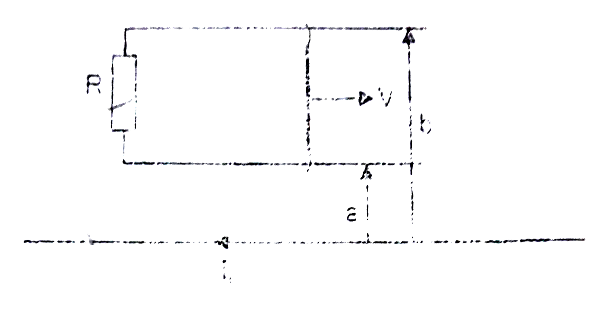 A long straight wire carries a current I(0), at distance a and b=3a from it there are two other wires, parallel to the former one, which are interconnected by a resistance R(figure).A connector slides without friction along the wires with a constant velocity v.Assuming the resistance of the wires,the connector, the sliding contacts and the self-inductance of the frame to be negligible. The point of application (distance from the long wire) of magnetic force on sliding wire due to the long wire is (2a)/(lnx) from long wire.Then find out value of x.