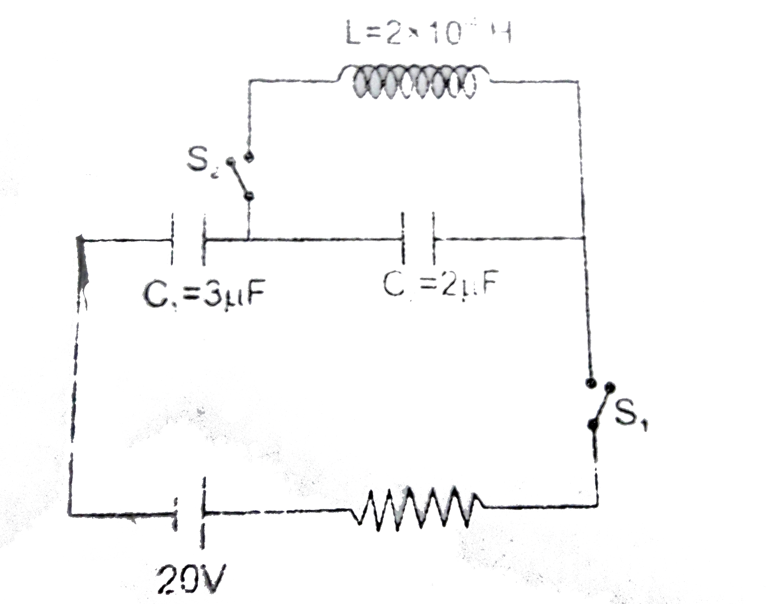 The circuit shown in figure is in the steady state with switch S(1)  closed.At t=0,S(1) is opened and switch S(2) is closed. The first instant t when energy in inductor becomes one third of that in capacitor is equal to (pi xx 10^(-5))/x sec. Then finout value of x.