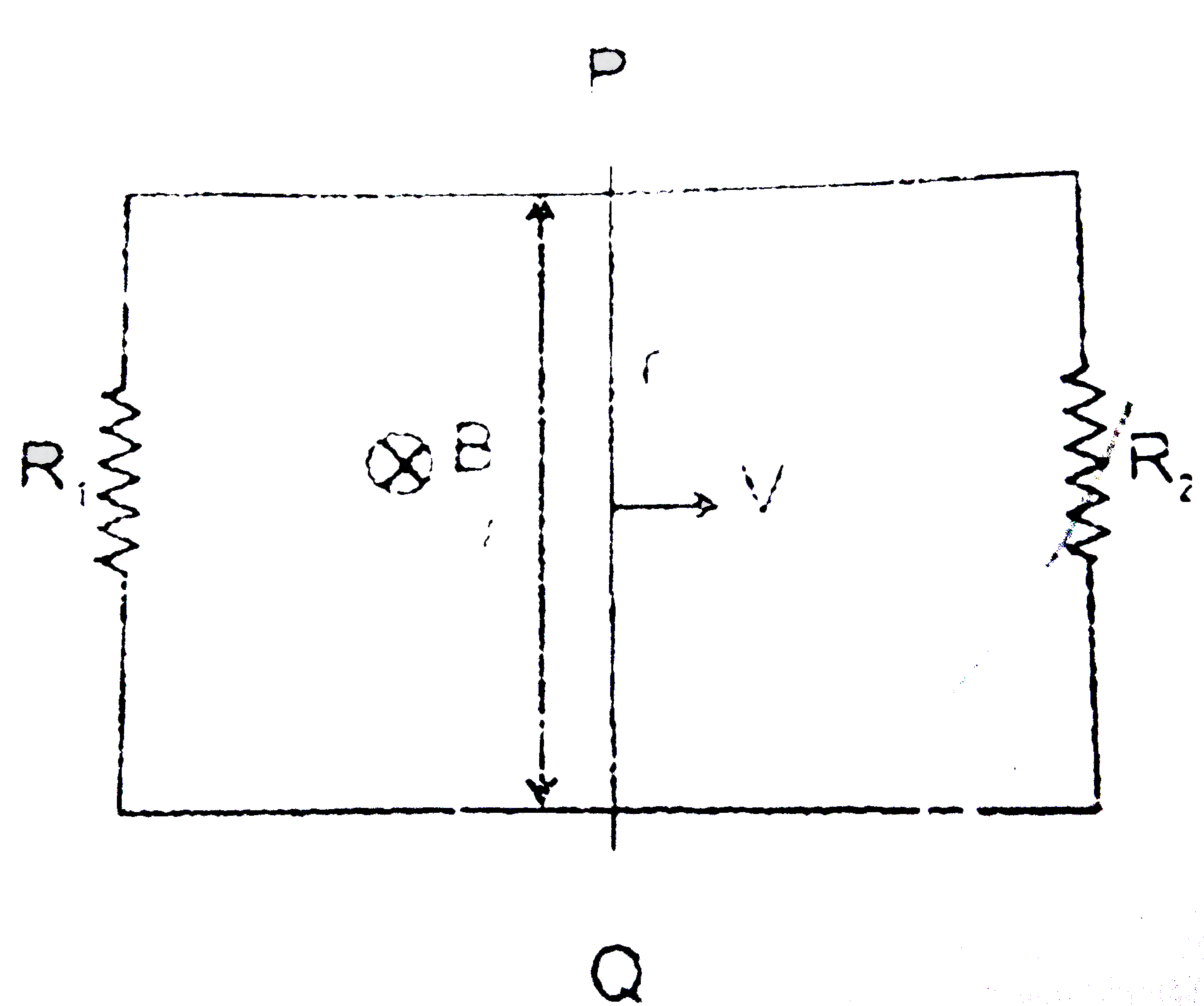 A rod PQ of mass m and resistance r is moving on two fixed resistanceless smooth conducting rails (closed on both sides by resistances R(1) and R(2)).Find the current in the rod at the instant its velocity is v.