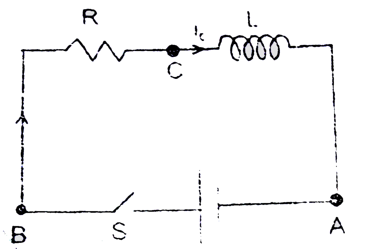 Figure shows a circuit consisting of a ideal cell, an inductor L and a resistor R connected in series.Let the switch S be closed at t=0.Suppose at t=0 current in the inductor is i(0) then find out equation of current as a function of time.