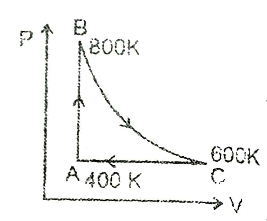 One mole of diatomic ideal gas undergoes a cyclic process ABC as shown in figure. The process BC is adiabatic. The temperature at A,B and C are 400K, 800K and 600K respectively. Choose the correct statement: