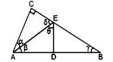 AB  के लंबवत ED है , AB = 20 इकाई तथा  AC =12 इकाई है।      यदि  sin theta+  cos theta= (1)/(5)  तथा  0 lt theta lt 2pi  हो तो tan theta   का मान है।