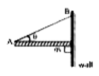 m द्रव्यमान की एक छड़ रस्सी AB तथा दीवार के मध्य घर्षण द्वारा लटकी हुई है। तब दीवार के कारण छड़ पर घर्षण बल है- (g= गुरुत्व के कारण त्वरण)