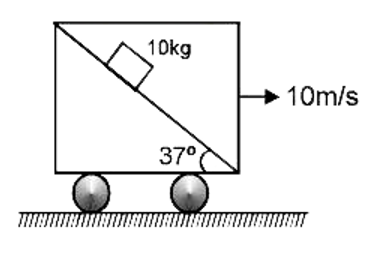 दाँयी तरफ 10 m/s के नियत वेग से गतिमान गाड़ी में स्थित एवं गाड़ी के सापेक्ष स्थिर नत तल पर 10 kg द्रव्यमान वाले ब्लॉक को छोड़ा जाता है, ब्लॉक का प्रारम्भिक वेग गाड़ी के सापेक्ष में शून्य है। तो ब्लॉक पर 2 सैकण्ड में अभिलम्ब प्रतिक्रिया के द्वारा जमीन के सापेक्ष किया गया कार्य होगा: (g = 10 m//s^2)
