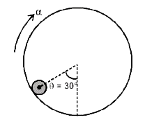 एक ठोस गोला 2.5m त्रिज्या के बेलन की आंतरिक सतह पर बिना फिसले लौटनी गति करता है।  बेलन अपनी स्वयं की अक्ष के परित: (जो कागज के तल के लंबवत है) कोणीय त्वरण alpha से चक्रण गति करता है।  alpha से चक्रण गति करता है।  alpha का मान क्या होगा यदि हम यह चाहते है कि गेंद का केंद्र बेलन की तली से चित्रानुसार 30^(@) कोण पर गतिहीन हो (चित्र देखे)