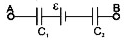 एक परिपथ का AB भाग चित्र में प्रदर्शित है। स्रोत का वि०वा०बल epsilon=10V, संधारित्र की धारिता C(1)=1.0muF और C(2)=2.0muF, विभवान्तर phi(A)-phi(B)=5.0V है संधारित्र C(1) व C(2) के सिरों के बीच वोल्टेज क्रमश: है :