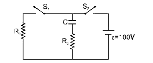 प्रदर्शित परिपथ में संधारित्र प्रारम्भ में आवेश रहित है।       उपरोक्त प्रश्न में दर्शाई गई स्थिति के एक साथ  S(1) को खुला एवं S(2) को बंद कर दिया जाता है।  इस समय को  t=0 मांत्र हुए संधारित्र पर समय के फलन के रूप में आवेश का सर्वश्रेष्ठ प्रदर्शन करने वाला सूत्र होगा -