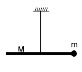 m द्रव्यमान  का एक कण M = 2 m   द्रव्यमान तथा  l लम्बाई की एकसमान छड़  से एक सिरे  से जुड़ा है तथा  यह छड़  इसके मध्य से     अवितान्य डोरी द्वारा  चित्रानुसार  लटकी है।  प्रारम्भ  से छड़  क्षैतिज  स्थिति में विराम  पर है।  निकाय को इस  स्थिति  में छोड़ा  जाता है।  छोड़ने  के ठीक प्रश्चात्-