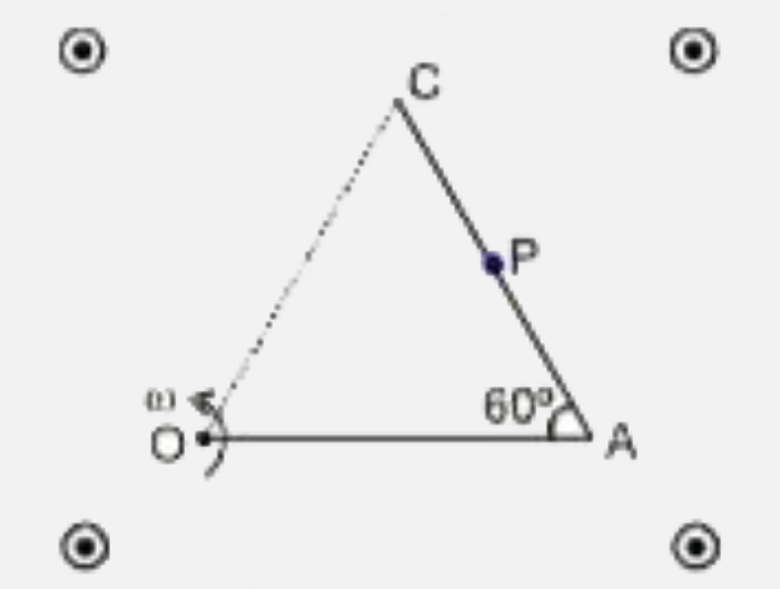 V आकार की एक धात्विक छड़ OAC इसके एक सिरे के सापेक्ष समरूप चुंबकीय क्षेत्र में इस प्रकार घूमती है, की घूर्णन अक्ष चुंबकीय क्षेत्र की दिशा के समांतर है | छड़ की प्रत्येक भुजा की लम्बाई L है तथा भुजाओं के मध्य कोण 60^(@) है | P खण्ड AC का मध्य बिंदु है | चुंबकीय क्षेत्र का परिमाण B है | तब सही संबंधो का चयन कीजिए |