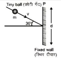 v वेग से गति कर रही m द्रव्यमान की एक गेंद d ऊँचाई की स्थिर घर्षणरहित दीवार के केंद्र पर प्रत्यास्थ रूप से चित्रानुसार टकराती है | टक्कर के पश्चात बिंदु P के सापेक्ष गेंद के कोणीय संवेग में परिवर्तन होगा-
