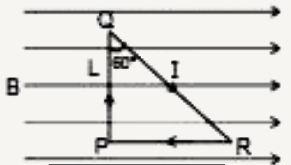 चित्र में प्रदर्शित लूप एक समान नियत चुम्बकीय क्षेत्र B में रखा है। एक चालक लूप PQR में प्रवाहित धरा I है तथा भुजा PQ की लम्बाई L है। लूप PQR पर चुम्बकीय बल की दिशा तथा परिणाम है