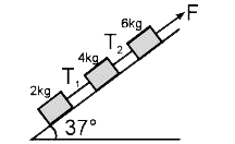 2 kg , 4 kg  तथा द्रव्यमान  के तीन  ब्लॉक रस्सियों   द्वारा जुड़े है , तथा चित्रानुसार 37^(@)  नत कोण वाले घर्षण रहित नततल   पर व्यवस्थित  है।  ऊपरी  ब्लॉक  पर नततल के अनुदित ऊपर  की तरफ 120 N  का बल  आरोपित  किया जाता है रस्सियाँ हल्की है,  रस्सियाँ में तनाव  T(1)   तथा  T(2)   होगा | [g = 10 m//s^(2)]