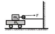 प्रदर्शित   चित्र में ब्लॉक M (1)   का द्रव्यमान  2 kg ,  ट्रॉली  M(2)    का द्रव्यमान 10 kg  है।  M(1)   तथा M(2)   के मध्य  घर्षण  गुणांक 0 . 5  है जबकि ट्रॉली  घर्षण   रहित सतह पर गतिशील  है। f   का अधिकतम  मान ज्ञात करो  जिसके   लिए M(1)    तथा  M(2)  एक मध्य कोई  फिसलन  नहीं  हो। (माना  घिरनी तथा रस्सी  आदि  है। )