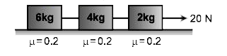 6 kg, 4 kg तथा 2 kg द्रव्यमान के तीन ब्लॉक खुरदरे तल पर 20 N के नियत बल द्वारा खींच जाते है ब्लॉकों तथा सतह  के बीच घर्षण गुणांक का मान चित्र में दिखाया गया है।        दिये गये चित्र में 4kg तथा 6kg के द्रव्यमान से जुड़ी हुई रस्सी में तनाव होगा :