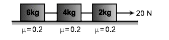 7 kg, 4 kg तथा 2 kg द्रव्यमान के तीन ब्लॉक खुरदरे तल पर 20 N के नियत बल द्वारा खींच जाते है ब्लॉकों तथा सतह  के बीच घर्षण गुणांक का मान चित्र में दिखाया गया है।        4 kg द्रव्यमान के ब्लॉक पर घर्षण का मान होगा।