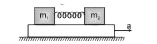 चित्रानुसार m(1)  तथा m(2) द्रव्यमान के दो ब्लॉक द्रव्यमान हीन तथा अविस्तारित स्प्रिंग से जुड़े है तथा .a. त्वरण से गतिशील प्लेटफॉर्म पर रखे है। ब्लॉक तथा प्लेटफॉर्म के मध्य घर्षण गुणांक muहै तो