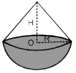 एक समांग वस्तु में एक शंकु के वत्ताकार भाग R = m त्रिज्या के एक अर्द्धगोलाकार भाग से जुड़ा है। यदि सम्पूर्ण वस्तु का गुरुत्व केंद्र शंकु के वत्ताकार आधार के केंद्र O  से सम्पाती है तो शंकु की ऊँचाई H  ज्ञात करो।