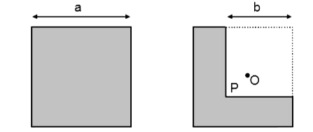 एक समरूप a भुजा की वर्गाकार लकड़ी की पट्टी का द्रव्यमान केंद्र चित्र में बांये से O पर स्थित है । इसके दांयी तरफ से b भुजा का वर्गाकार भाग चित्रानुसार काटा जाता है।  जिससे L आकर की  पट्टिका प्राप्त होती है।