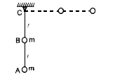 2l लम्बाई की एक भारहीन छड़ से दो बराबर द्रव्यमान 'm' जुड़े हुए है एक निचले सिरे A से तथा दूसरा रोड़ के मध्य बिन्दु B से। छडC से गुजरने वाली एक स्थिर अक्ष के सापेक्ष उर्च समतल में घूम सकती है। छड को क्षैतिज स्थिति में छोड़ा जाता है। द्रव्यमान B की चाल ज्ञात कीजिए जब छड़ ऊर्ध्व हो जाए।