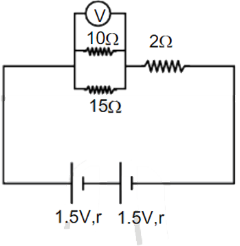 If the reading of the ideal voltmeter shown in the circuit is 2V the internal resistance of the two identical cells is