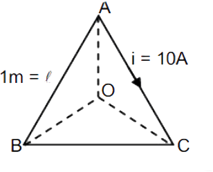 A current of 10A is flowing in a equilateral triangle of side length l=1M as shown in figure. The magnetic field at center of triangle is: