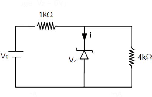 In the circuit diagram of zener diode as shown in figure, when the value of V(0) is 8 volt, the current through zener diode is i(1) and when V(0) is 16 volt, the corresponding current is i(2). Find the value of (i(2)-i(1)). (Zener breakdown voltage V(2)=6V)