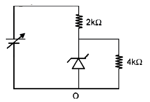 For the given circuit shown in figure, the potential of the battery is varied form 10V to 16V. If by zener diode breakdown voltage is 6Vm find maximum current through zener diode