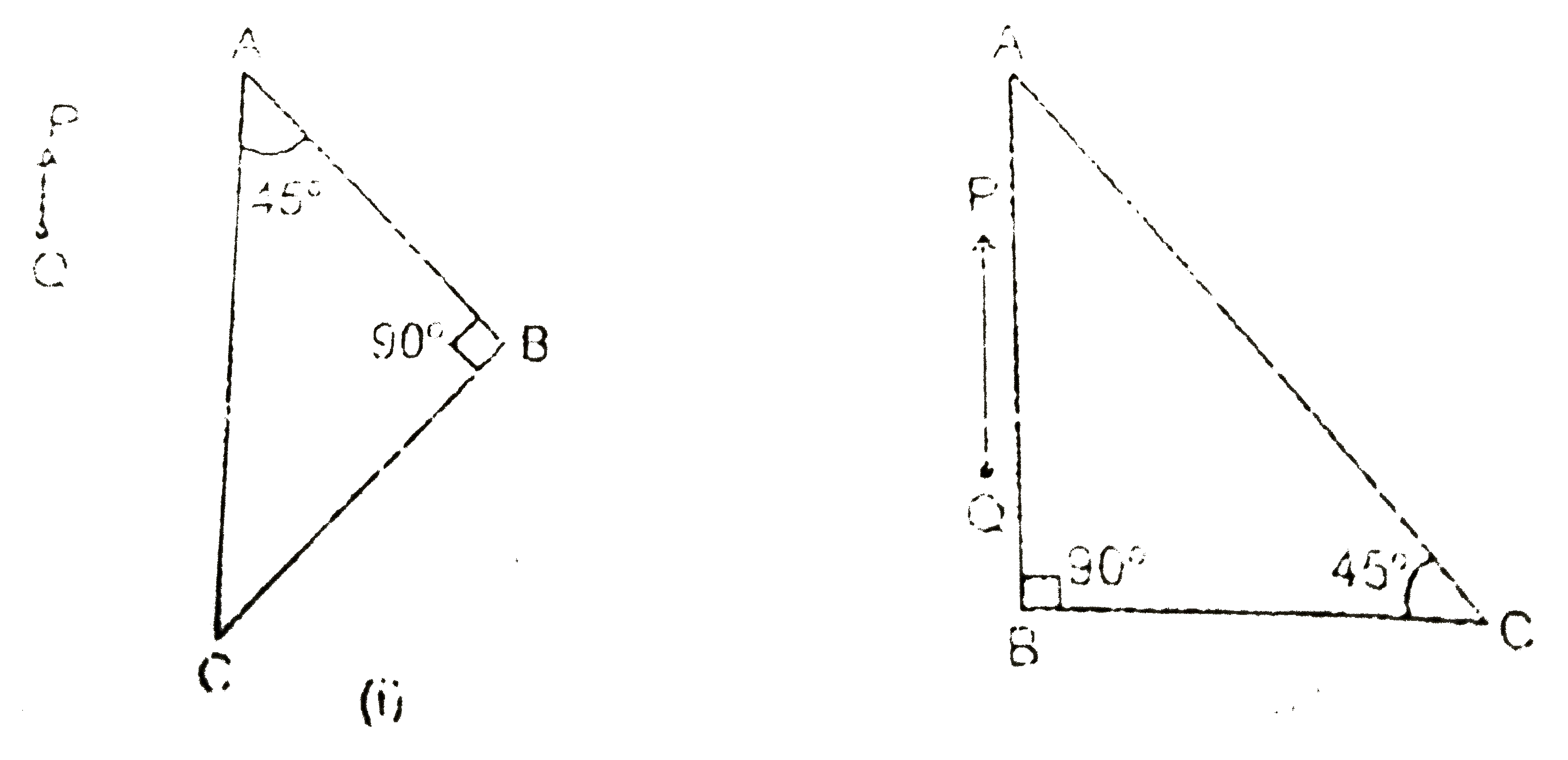 A right-angle crown glass prism with critical angle 41^(@) is placed berore an object, PQ, in two position as shown in the figure (i) and (ii). Trace the paths of the rays from P and Q passing through the prism in the two cases.