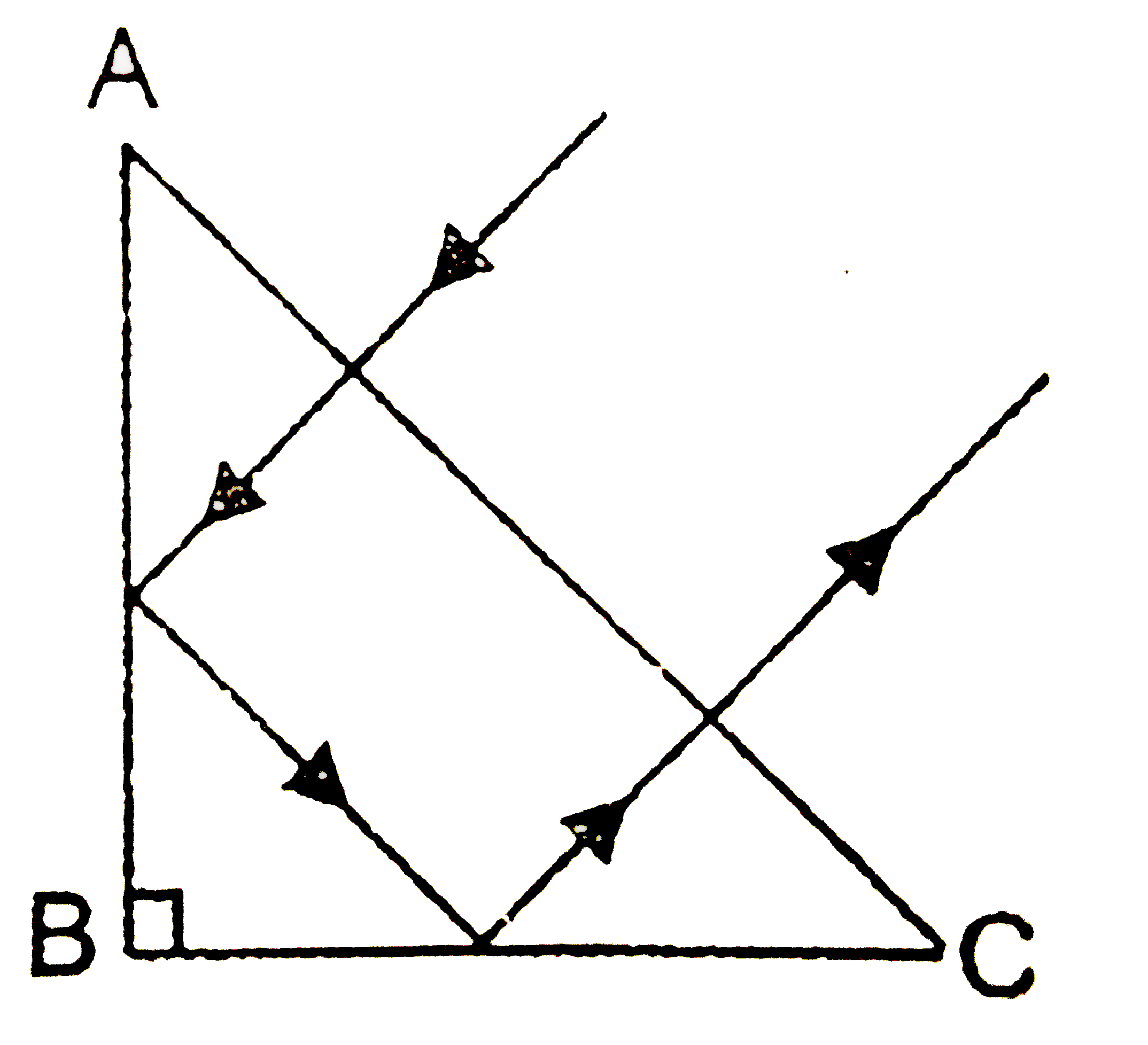 At what  values fo the refractive  index  of a recantangular prism can  a ray travel as shwon in figure. The section of the prism is an isoseless triangle  and the ray  in normally  incident  onto the face AC.