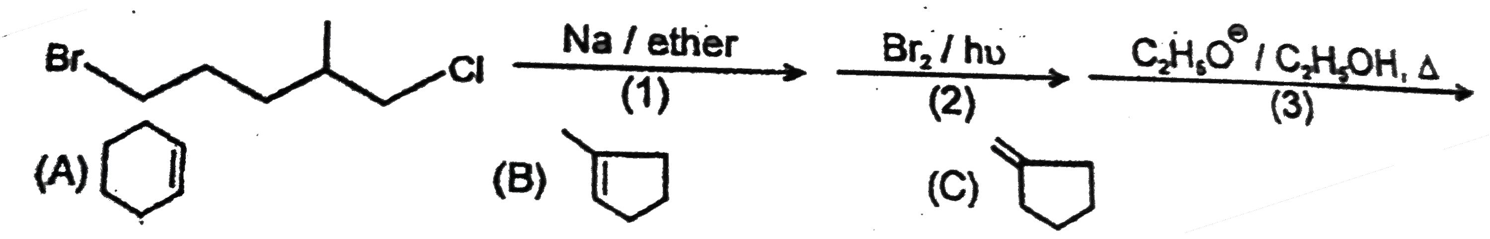The major product of the following product of the following reaction is :      underset((1))overset(Na//ether)tounderset((2))overset(Br2//hv)tounderset((3))overset(C2H5O^(Theta)//C2H5OHDelta)to