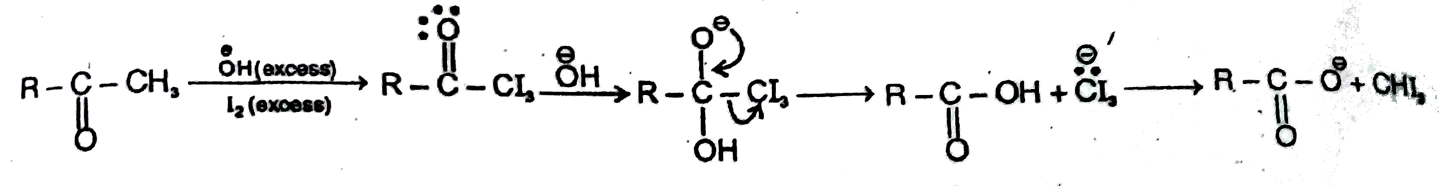In the presence of excess base and excess halogen a methylketone is converted first into a trihalo substituted ketone and then into a carboxylic acid.After the trihalo substituted ketone is formed hydroxide ion attacks the carboxyl carbon because the trihalo methyl ion is the group more easily expelled from the tetrahedral intermediate.The conversion of a methyl ketone to a carboxylic acid is called a haloform reaction because one of the product is haloform (CHCl3) or CHI3 or CHBr3.      Ph-undersetunderset(O)(||)C-undersetunderset(Me)(|)oversetoverset(Et)(|)C-undersetunderset(O)(||)C-CH3undersetunderset((3)Delta)((2)H^(o+))overset((1)I2//OH^(o+))to Product is