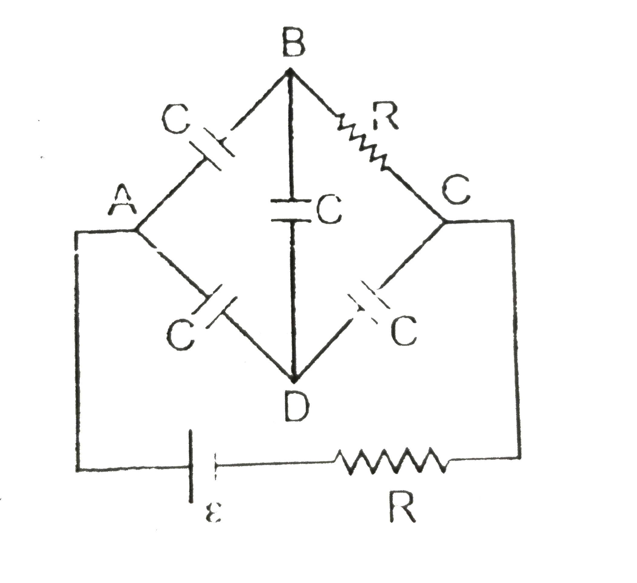In the circuit shown, charge on the capacitor connected between B and D at steady state is (initially all the capacitors are uncharged)
