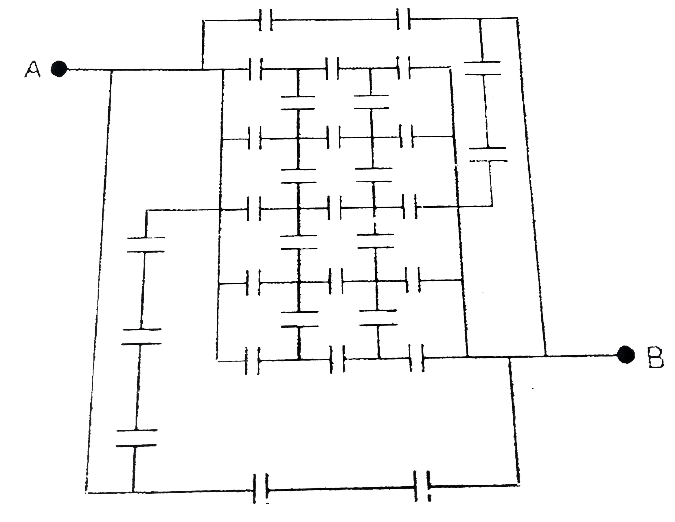 32 capacitor are connected in a circuit as shown in the figure. The capacitance of each capacitor is 3muF. Find equivalent capacitance across AB in muF.