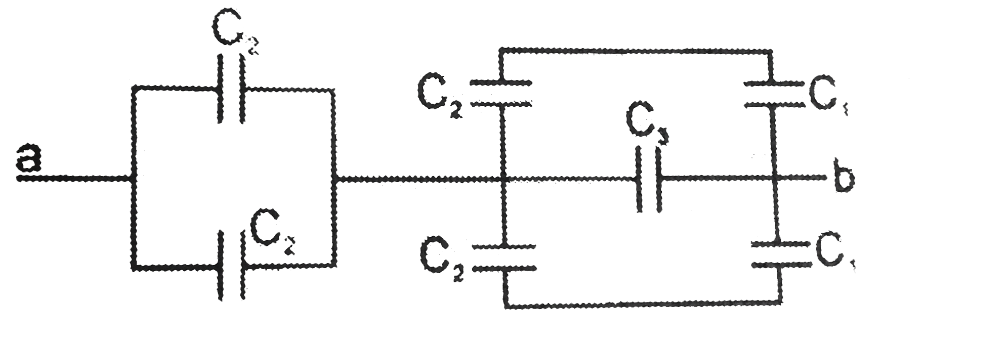 A combination  arrangement of the capacitors is shown in the figure   (i) C(1)=3 mu F, C(2) =6 mu F and C(3)= 2 mu F then equivalent capacitance between 'a' and 'b' is :