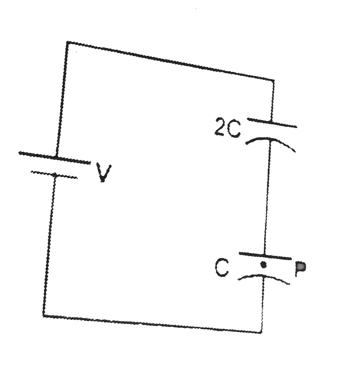The particle  P shown  in the figure has a mass m and a charge -q. Each horizontal plate has a surface area A potential  difference  V=n((mg epsilon(0)A)/(2qc)) should be applied  to the combination  to hold the particle p in equilibrium then find the value of n.
