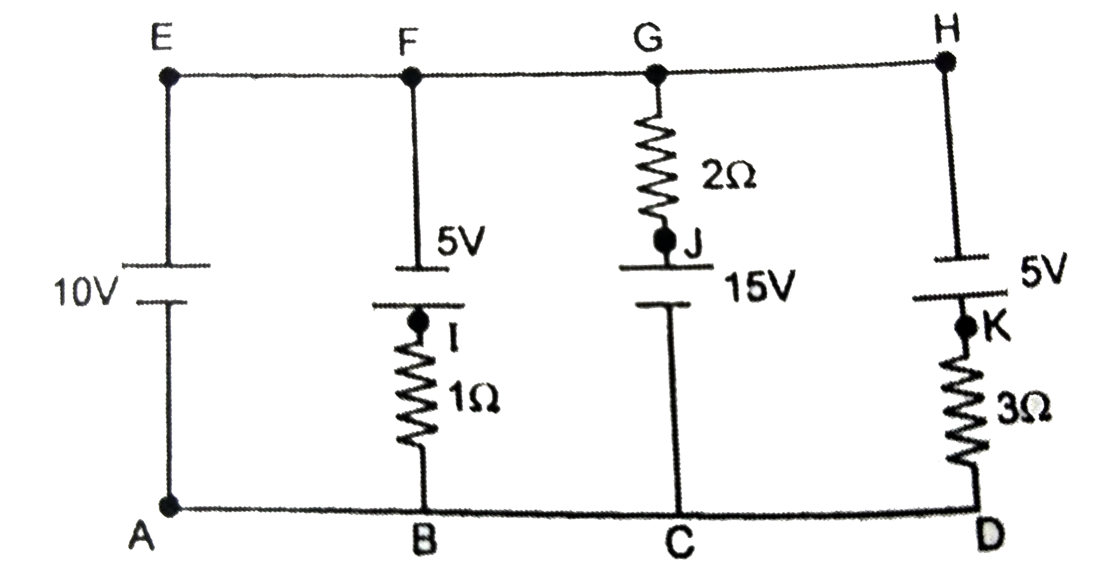 In following circuit potential at point 'A' is zero then determine    (a) Potential at each point   (b) Potential difference across each resistance    ( c) Identify the batteries which act as a source   (d) Current in each battery   ( e) Which resistance counsumed maximu power   (f) Which battery consume or  gives maximum power.