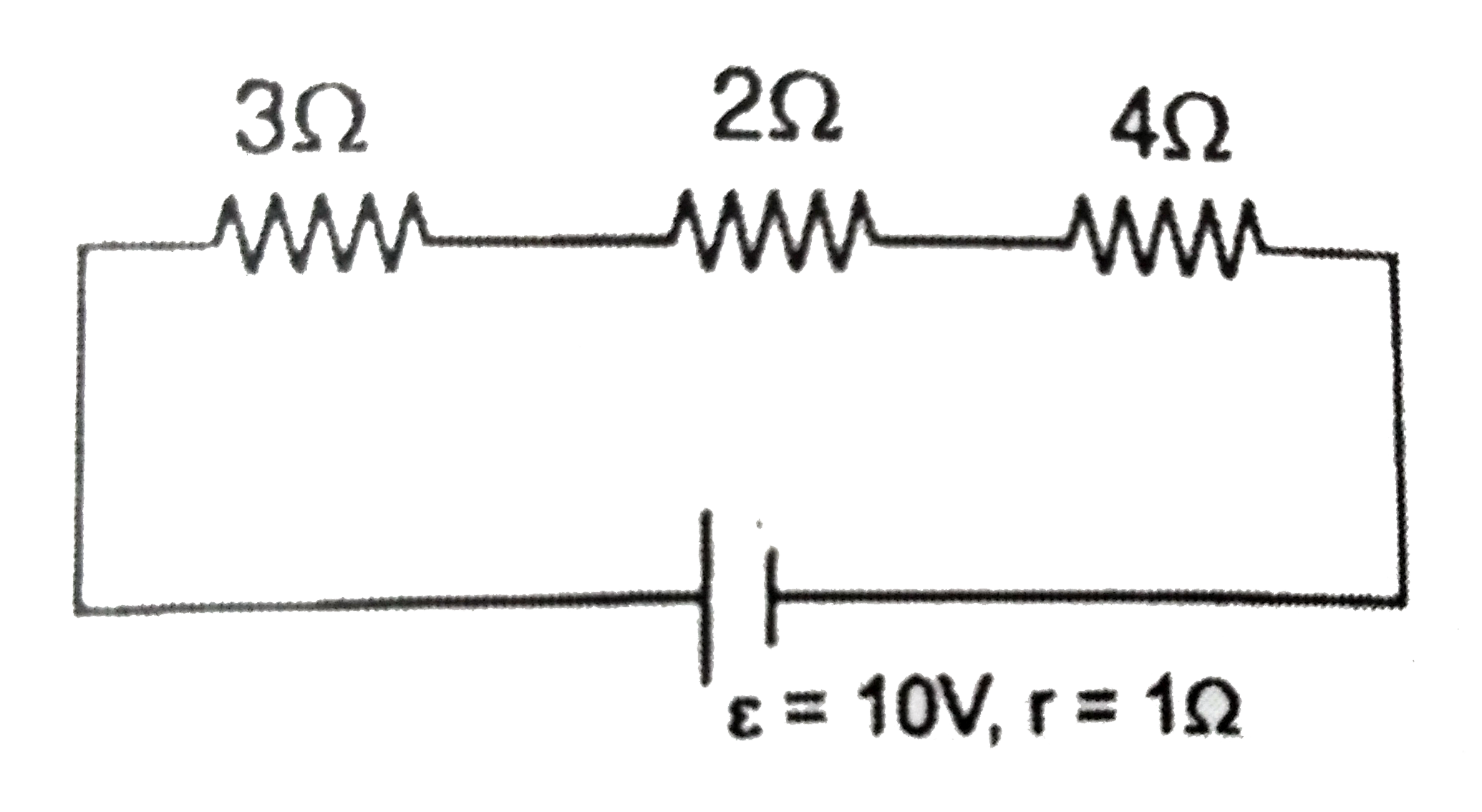 In the given circuit determine    (a) Equivalent resistance (Including internal resistance ).   (b) Current in each resistance   ( c) Potential difference across each resistance   (d) The rate awich the chemical energy of the cell is consumed    ( e) The rate at which heat is generated inside the battery   (f) Electric power output    (h) Which resistance consumes maximum power   (f) Power dissipated in 3 Omega resistance.