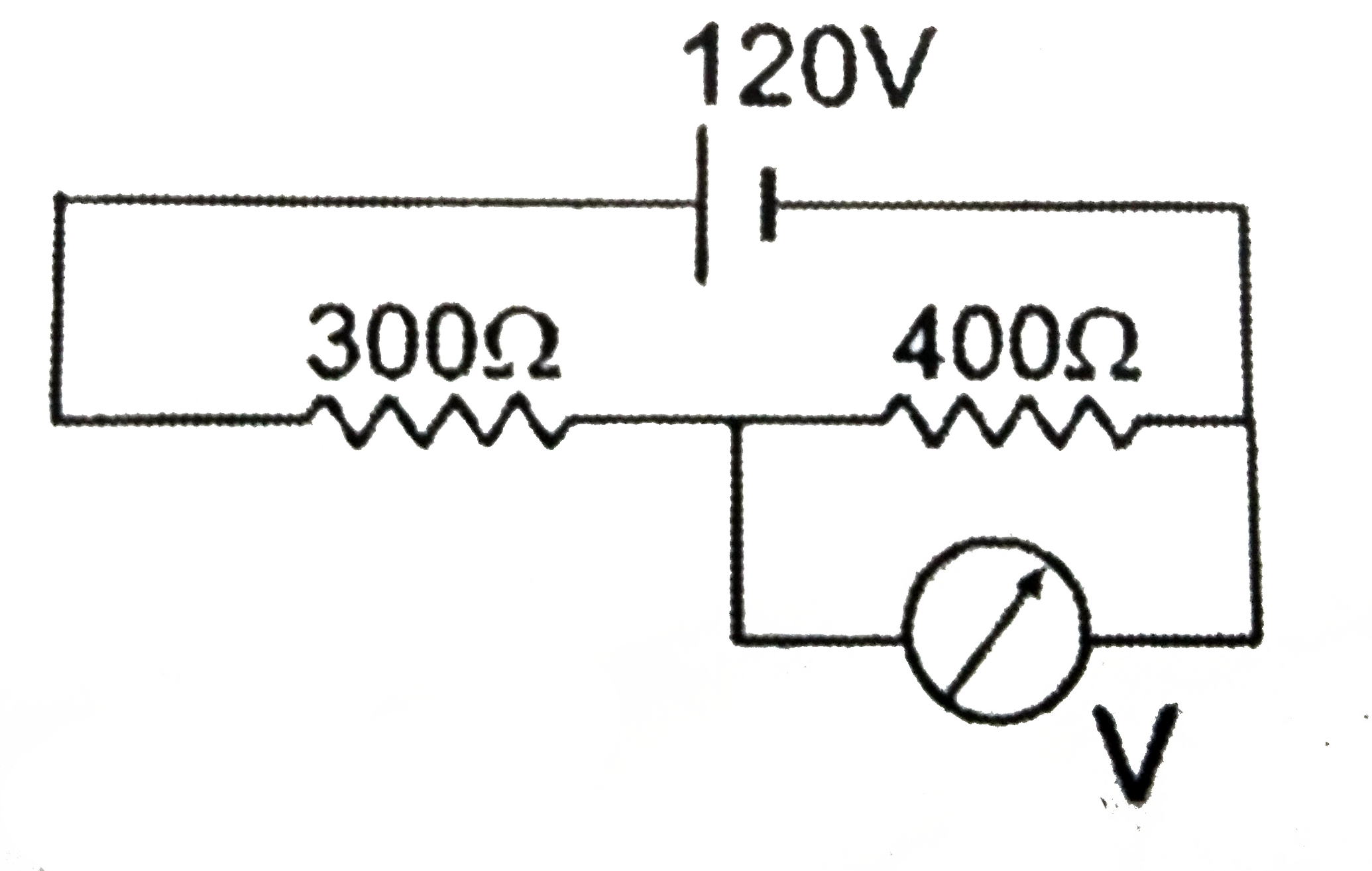 In the circuit shown, reading of the voltmeter connected across 400 Omega resistance is 60 V. If it is connected across 300 Omega resistance then reading in volt will be