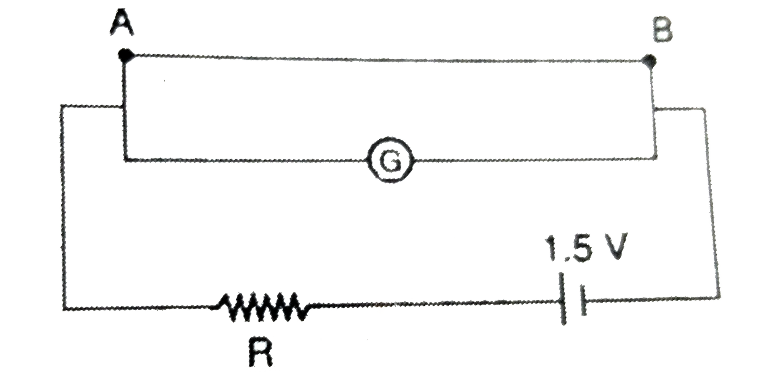 In the adjacent circuit a resisttance R is used.  Initially with 'wire AB' not in the circuit, the galavanometer shhows a deflection of d divisions. Now, the wire AB is conneted parallel to the galvanometer and the galvanometer shows a deflection defiction nearly d/2 divisions. Therefore