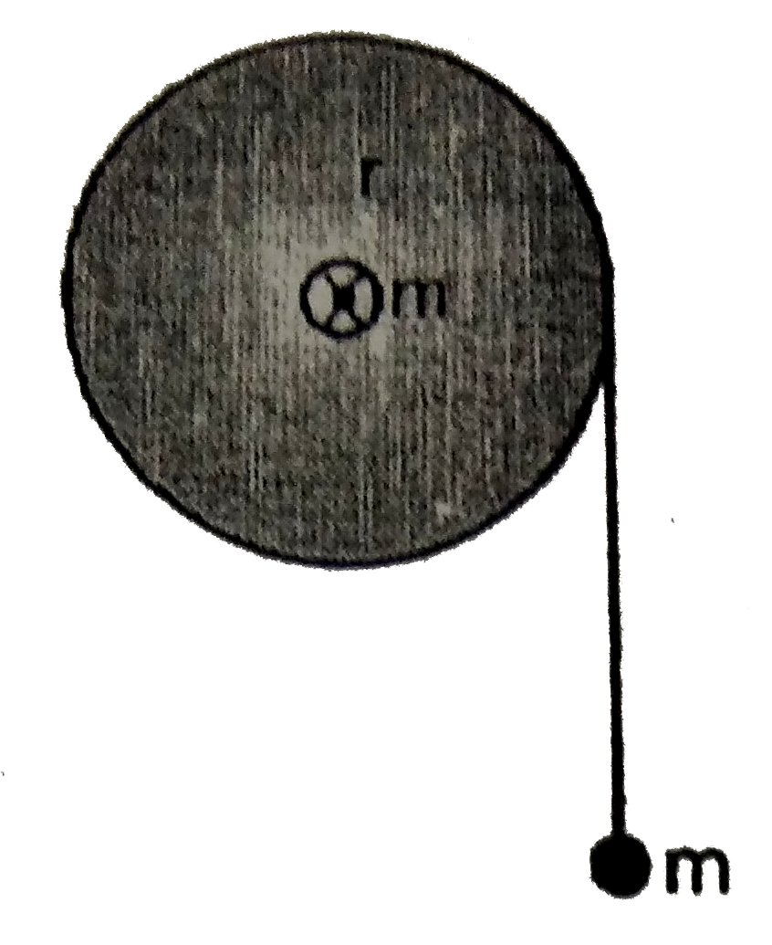 A uniform disc of mass m and radius r and a point mass m are arranged as shown in the figure. The acceleration of point mass is : ( Assume there is no slipping between  pulley and thread and the disc can rotate smoothly about a fixed horizontal axis passing through its centre and perpendicular to its plane )